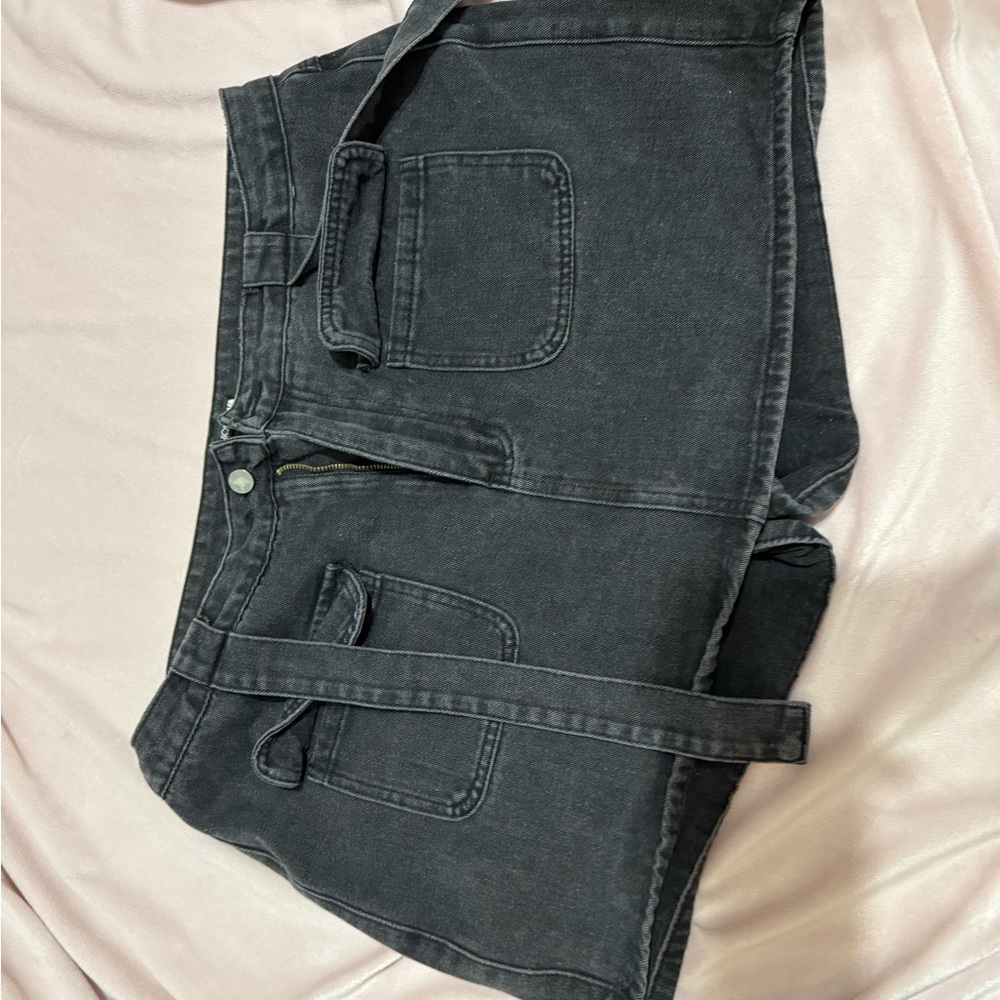 Black Denim Mini Skirt with Front Patch Pockets